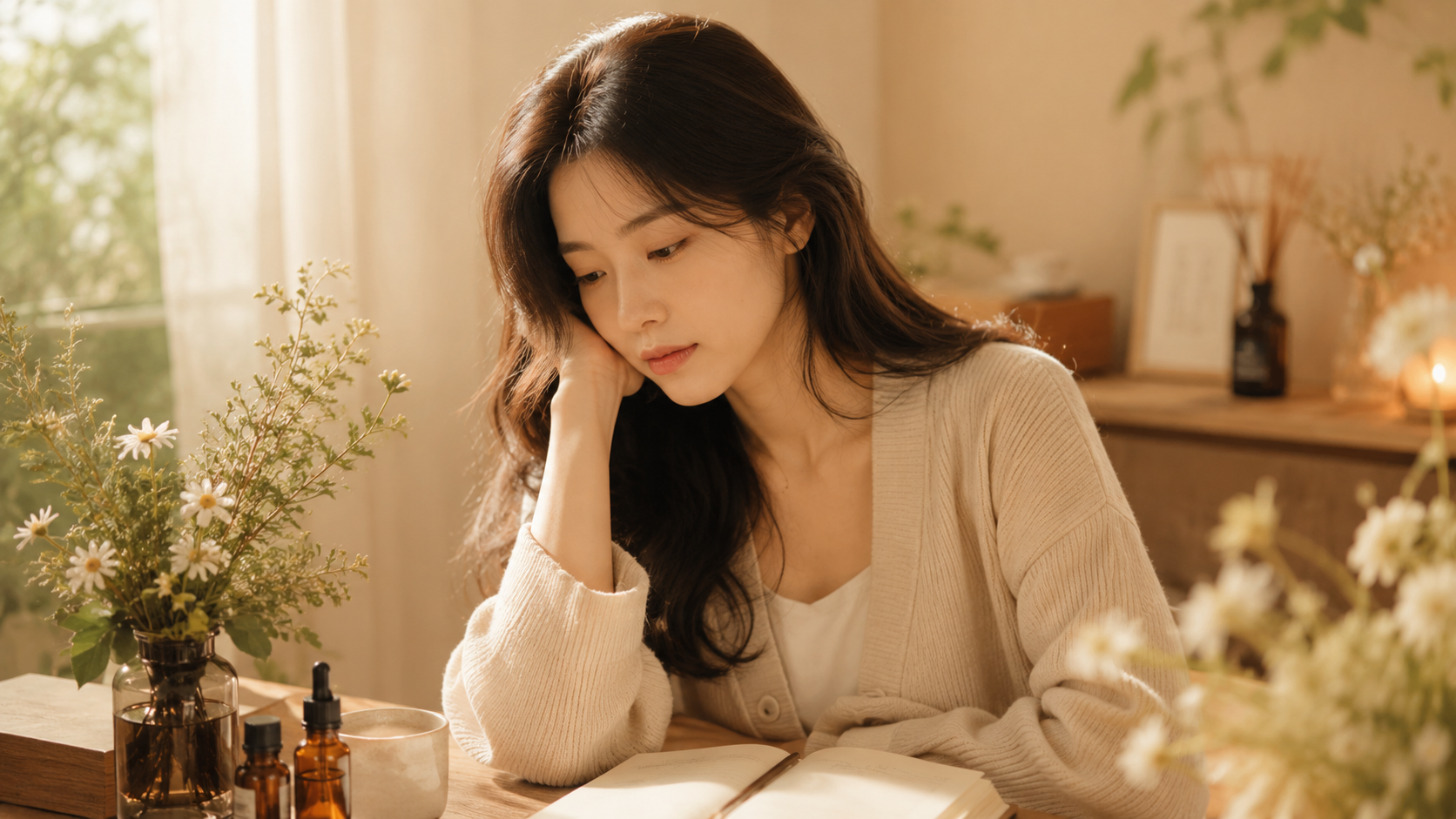 女生闭眼感受香气,象征重新认识自己