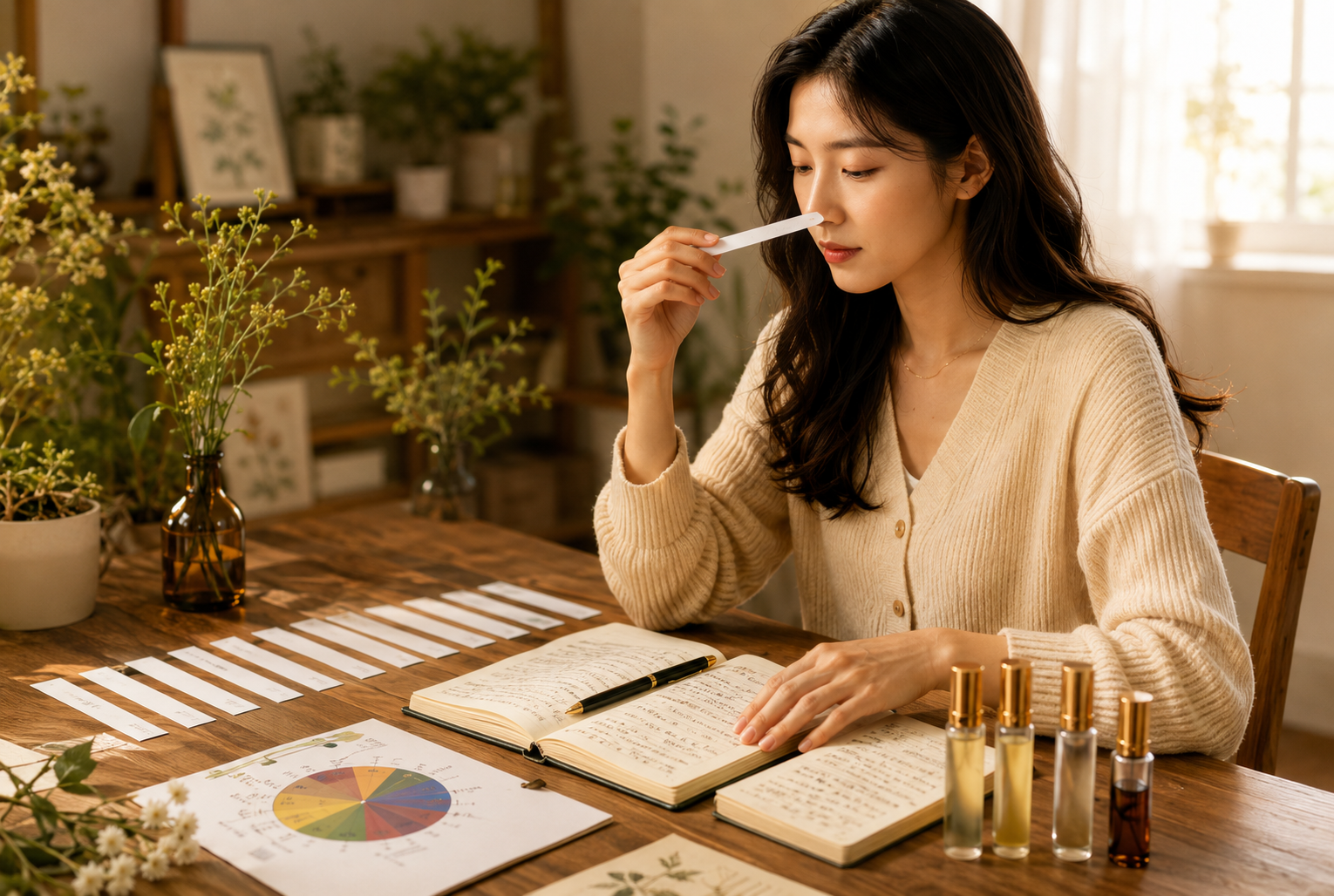 一位女生在温暖自然光中进行摸香测试,桌上有香气卡、笔记本和滚珠精油